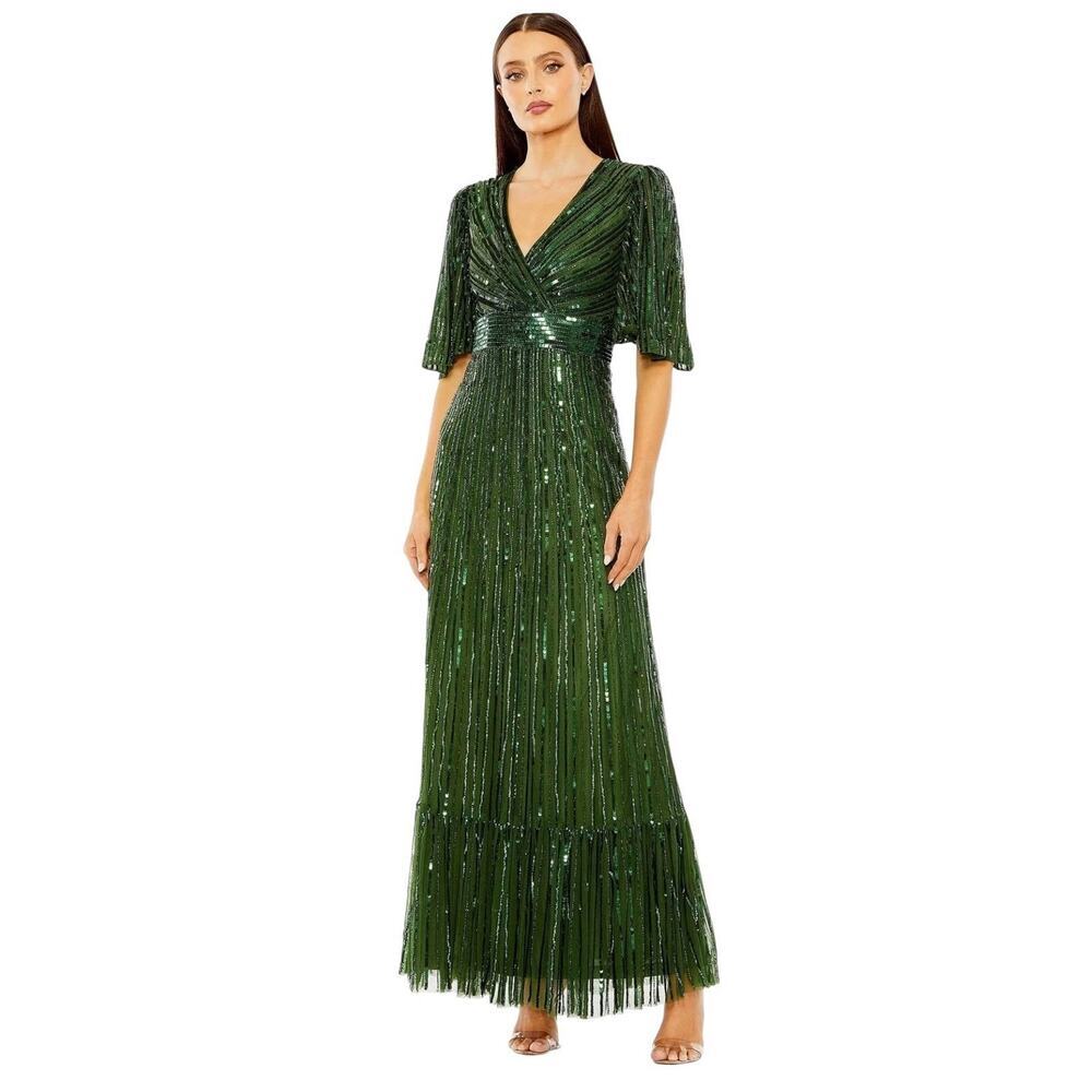 Mac Duggal 23010 Emerald Green Sequin Flutter Sleeve Gown Size 6 $698